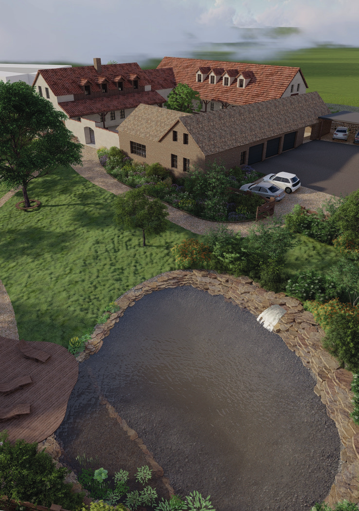 Letecký pohled na areál s rybníkem