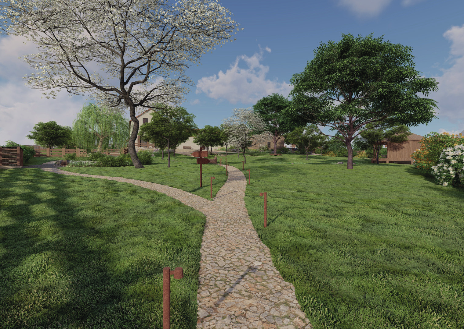 Zahrada s chodníčky a zelení